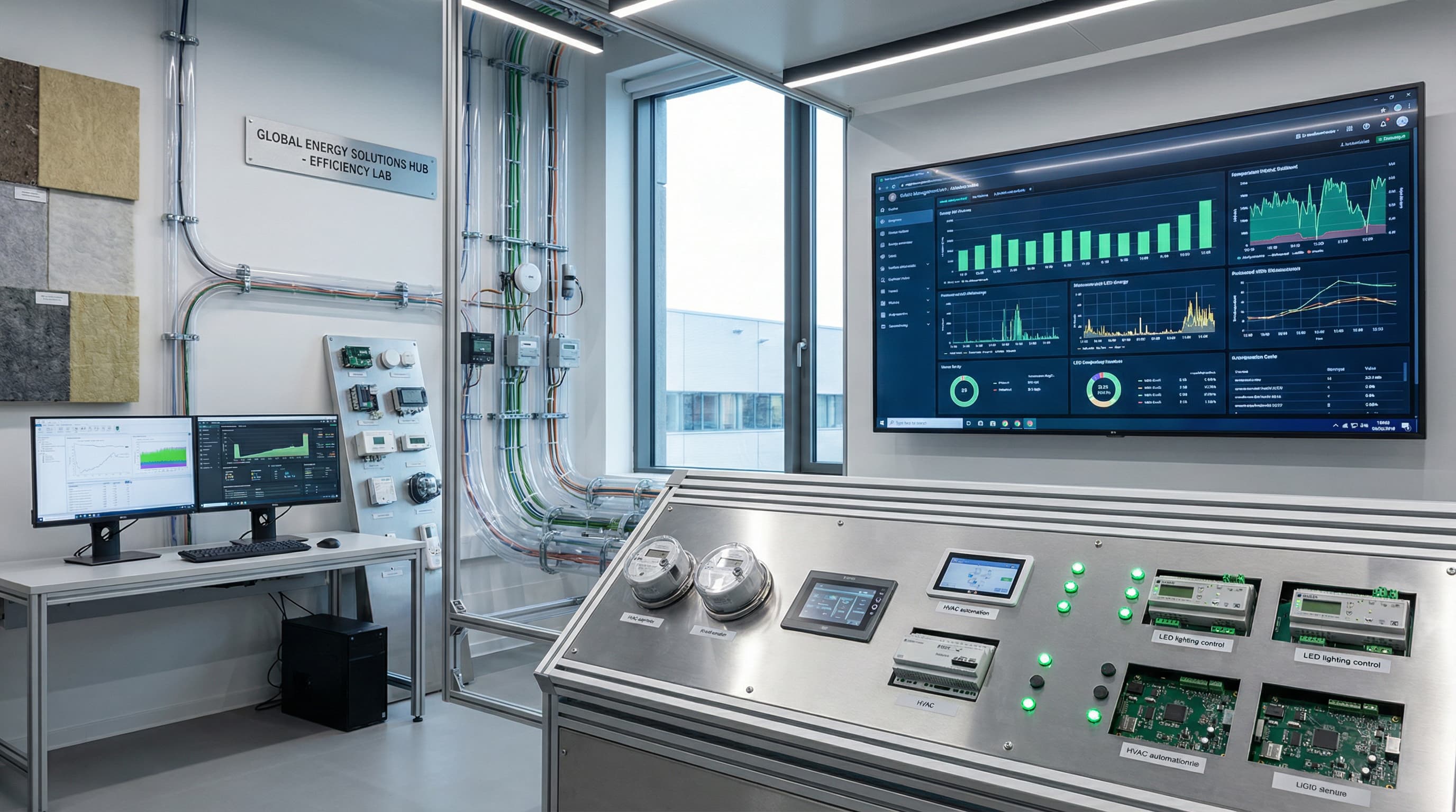 Stanowisko badawcze wyposażone w systemy pomiarowe, sterowniki HVAC, analizatory energii oraz wizualizację danych umożliwia ocenę efektywności energetycznej instalacji. Ujęcie prezentuje nowoczesne narzędzia do optymalizacji zużycia energii.