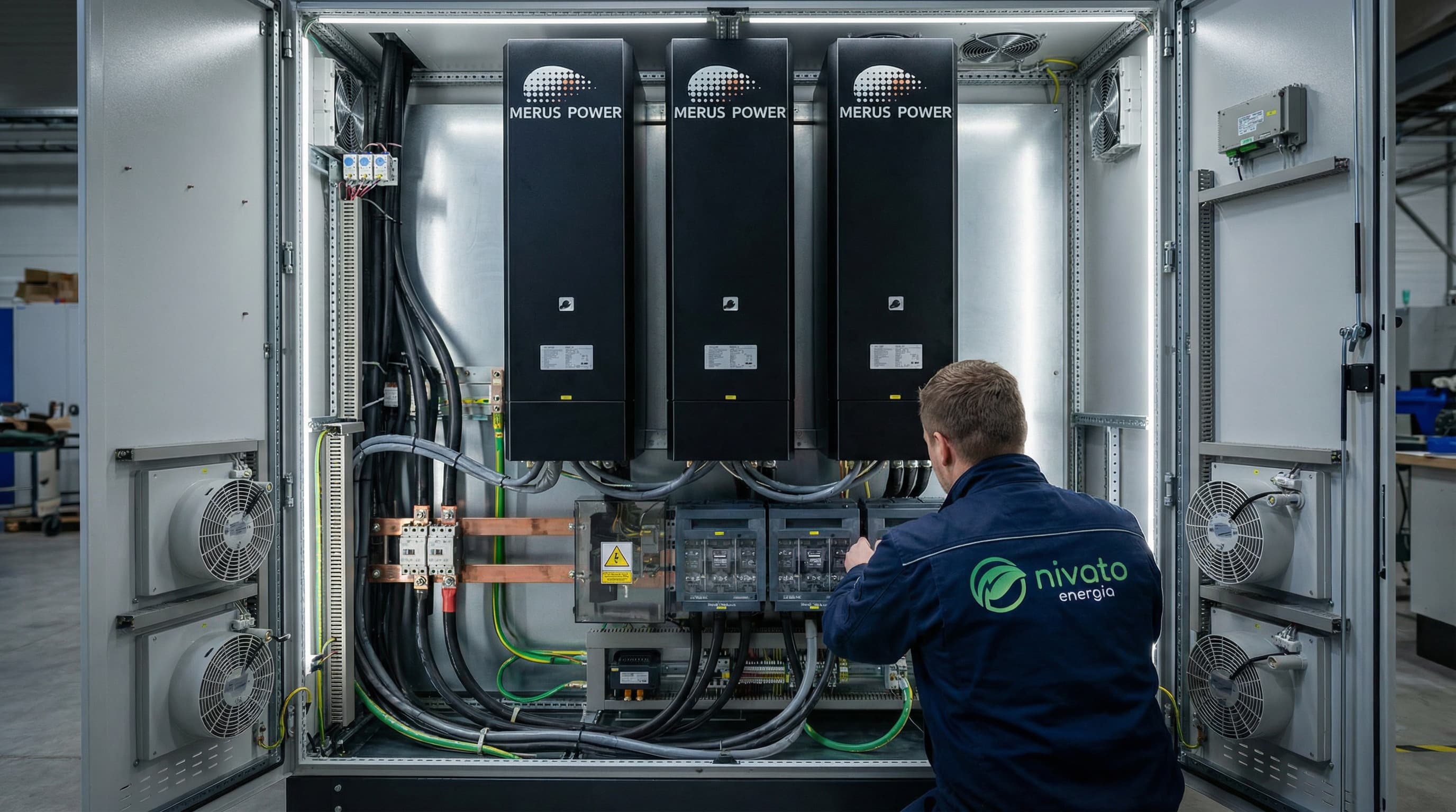 Technik Nivato serwisuje aktywne filtry harmonicznych zainstalowane w szafie energetycznej, odpowiedzialne za kompensację zniekształceń i poprawę jakości energii. Ujęcie prezentuje profesjonalne rozwiązania do redukcji harmonicznych.