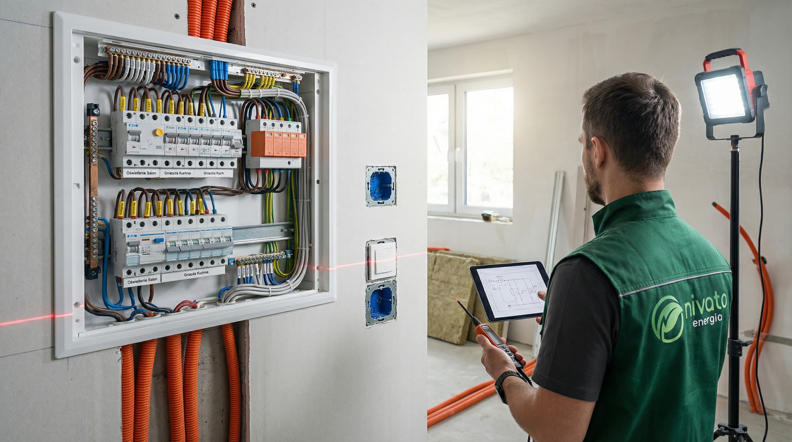 Technik Nivato wykonuje pomiary i weryfikację domowej rozdzielnicy elektrycznej, korzystając z dokumentacji i urządzeń pomiarowych. Ujęcie pokazuje profesjonalny nadzór nad instalacją w trakcie prac wykończeniowych.