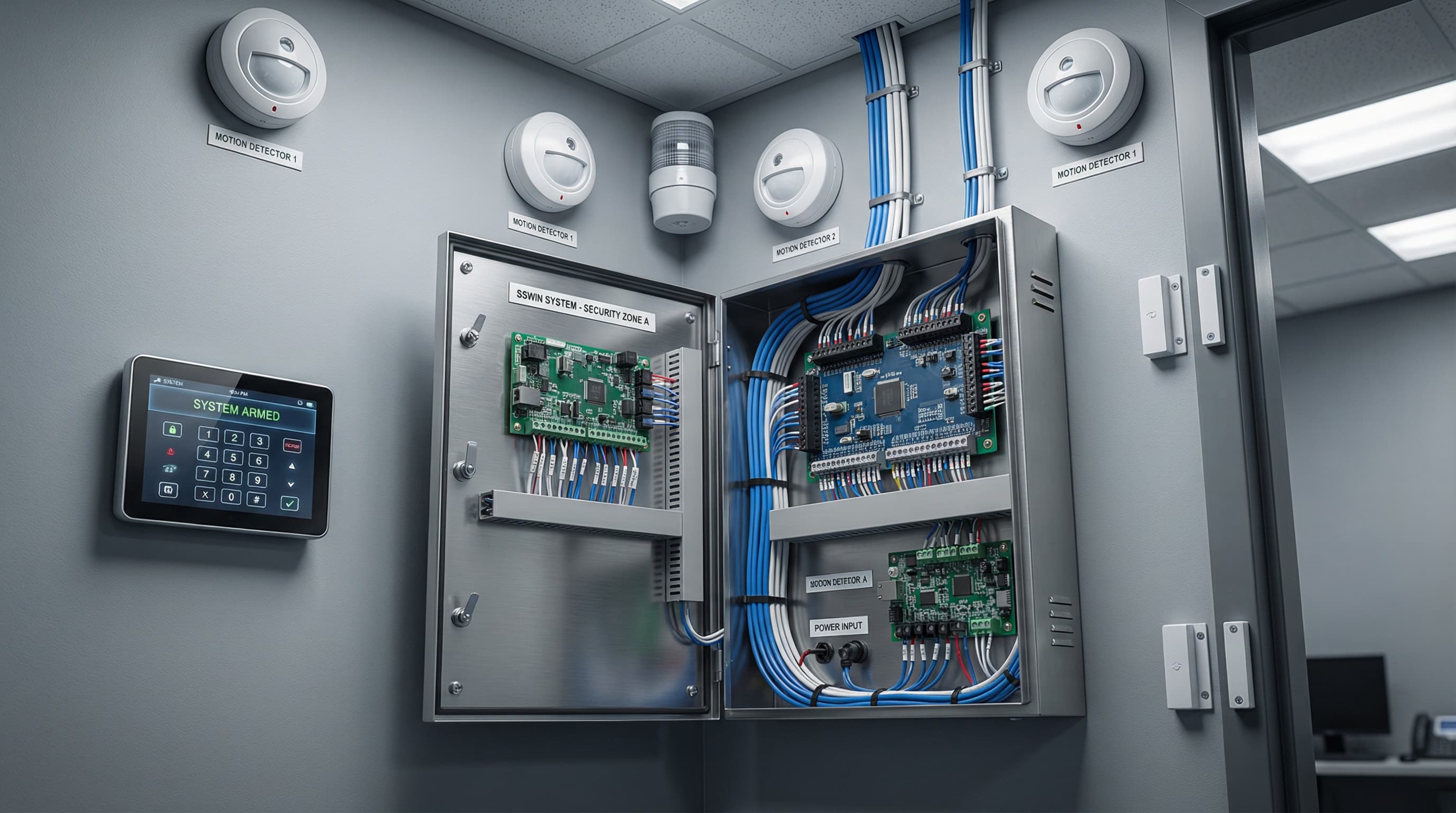 Kompletny system SSWiN obejmuje centralę alarmową, czujniki ruchu, kontaktrony oraz panel sterowania, zapewniając ochronę obiektu przed włamaniem. Ujęcie prezentuje profesjonalną instalację niskoprądową.